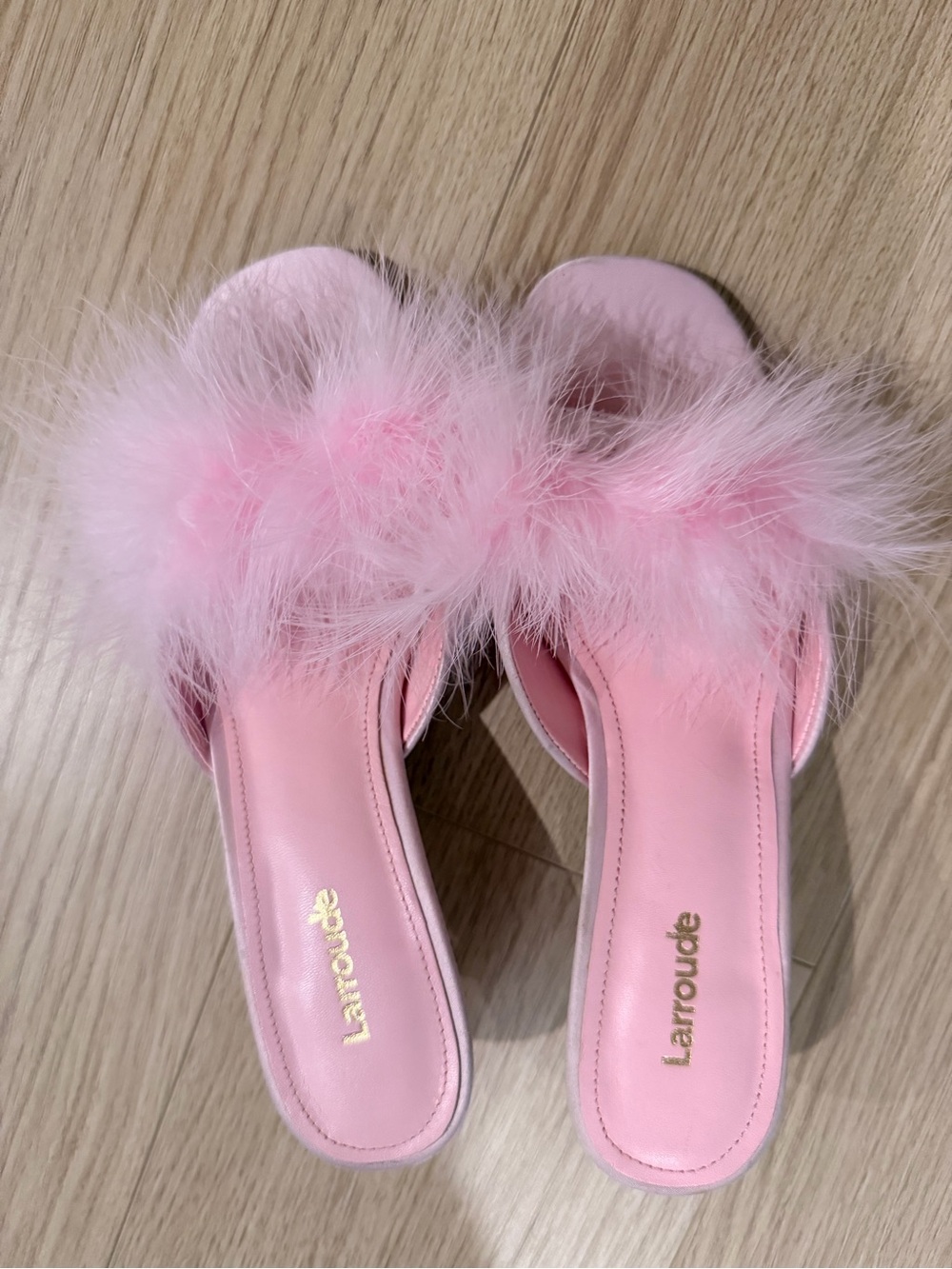 Larroude Soft Pink Marabou Slide Mules with feathers